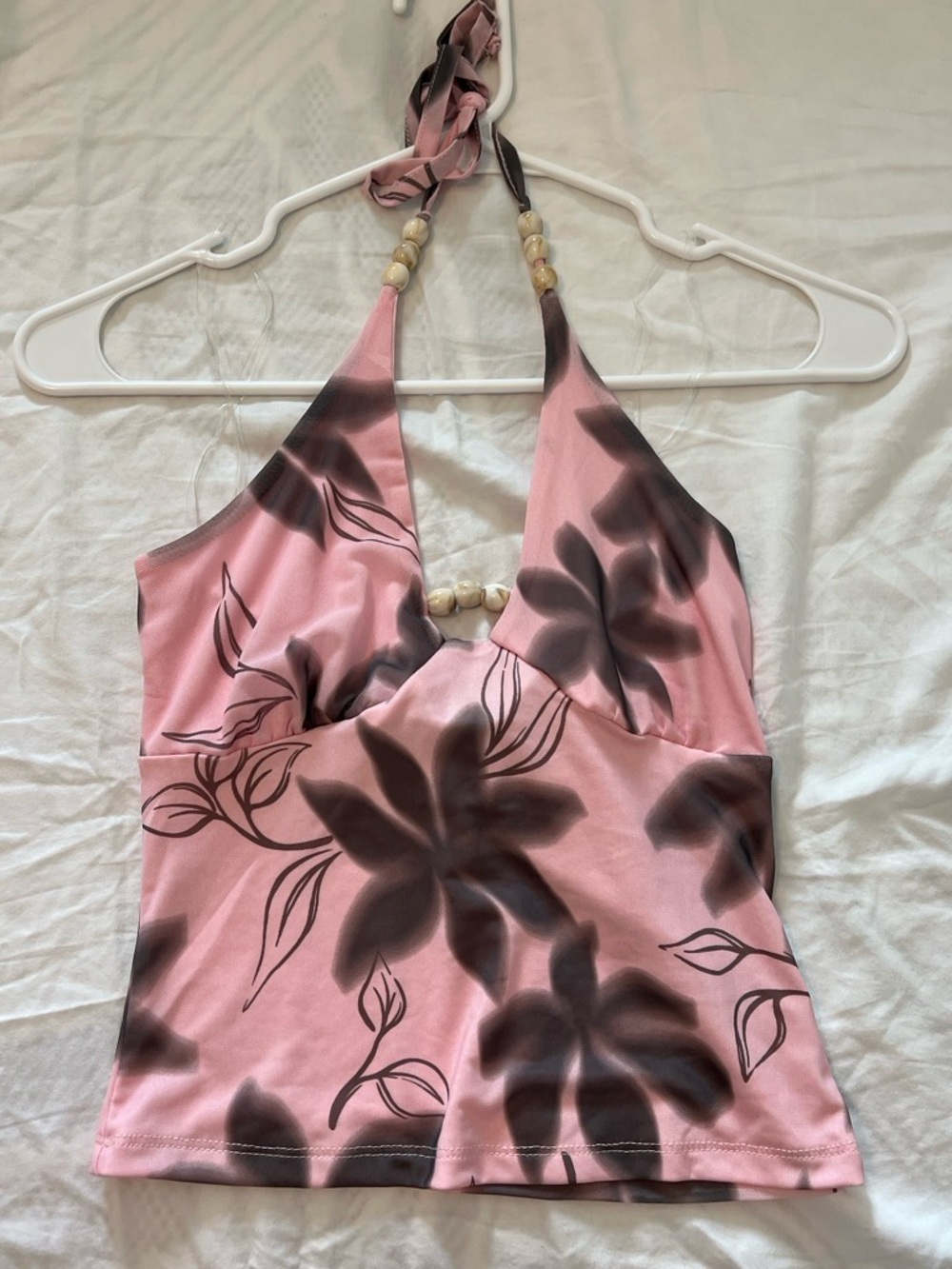 Pink Rose Pink Floral Halter Camisole with Beaded Neck